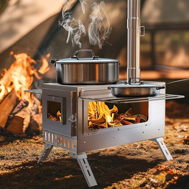 

Portable Camping Wood Burner Grills Stainless Steel Hot Tent Stove with 7 Chimney Pipes for Outdoor Camping, Heating