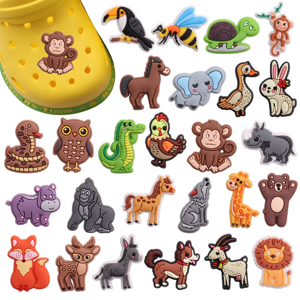 Mix 50pcs PVC Animal Shoe Charms Bear Snake Lion Dinosaur Rabbit Goat Bee Orangutan Buckle Clog Fit Wristbands Garden Shoes