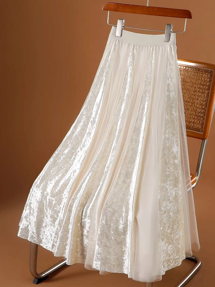 

Женская плиссированная юбка-миди с высокой талией, бархатная сетчатая лоскутная мерцающая струящаяся трапециевидная элегантная повседневная и вечерняя осенне-зимняя юбка