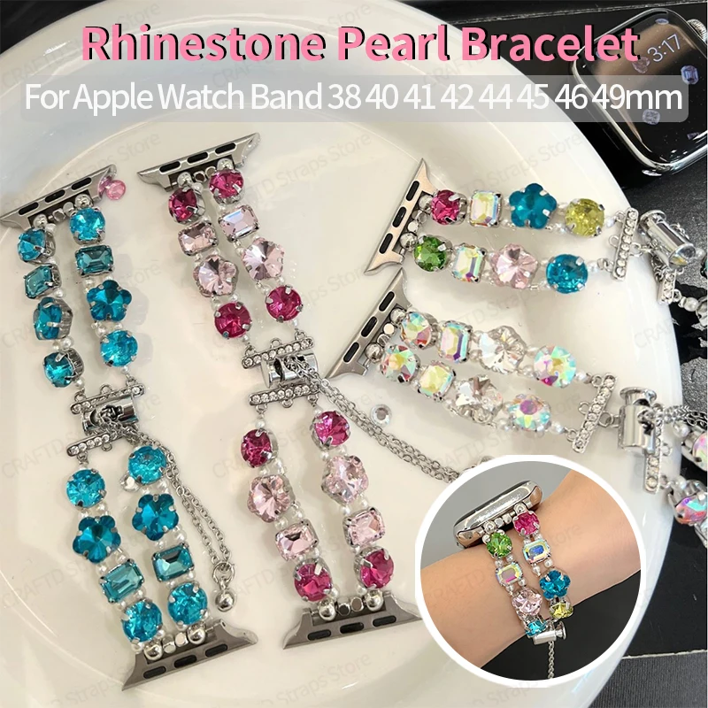 Colorful Crystal Rhinestone Band for Apple Watch Series11 10 9 8 7 6 Ultra2 SE Double‑Row Pearl Jewelry Bracelet Strap 38‑49mm