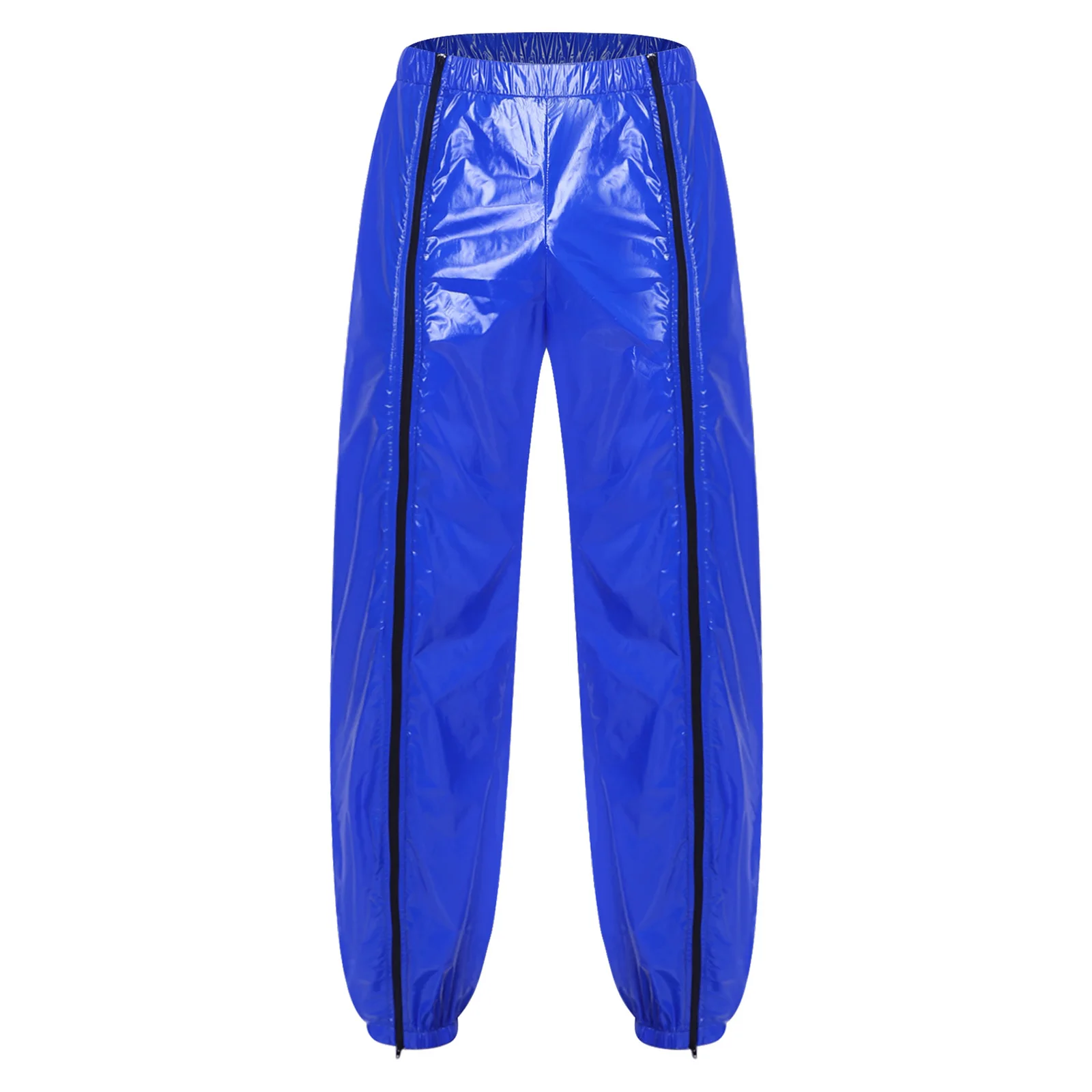 

Mens Vinyl Waterproof Reusable Pants Glossy Elastic Waistband Sides Pockets Zippers Trousers Rave Party Clubwear Gym Sportswear