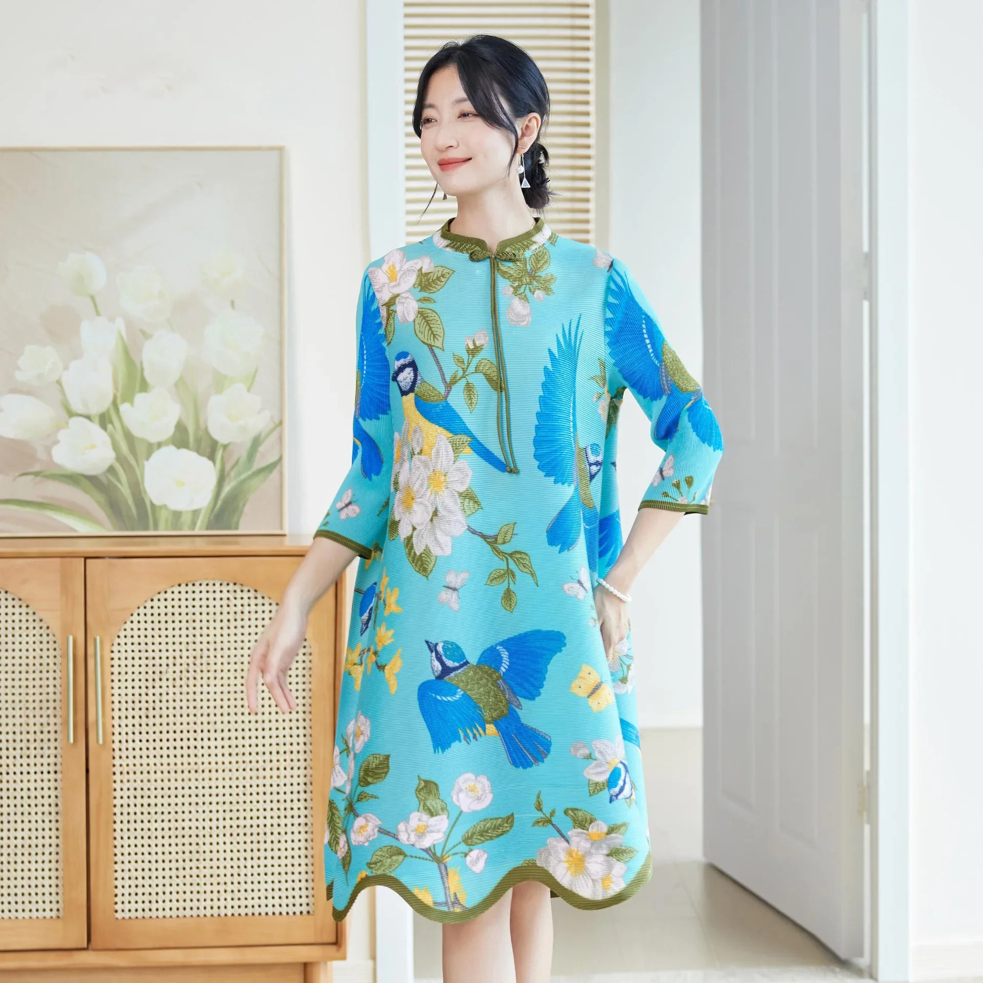 Miyake Pleated Elegant Dress for Women, New Chinese Style Improved Style Cheongsam Fashion Printed Mother's Dress, 2024 New