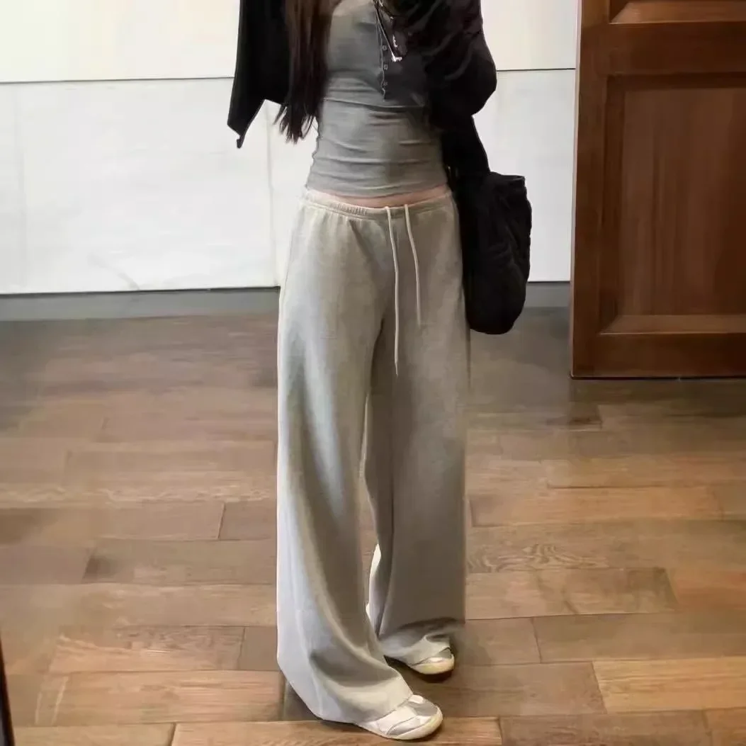 

Pop New Women's Casual Grey Vintage American Style Mid-Waist Slimming High-Waisted Versatile Drawstring Trousers From China