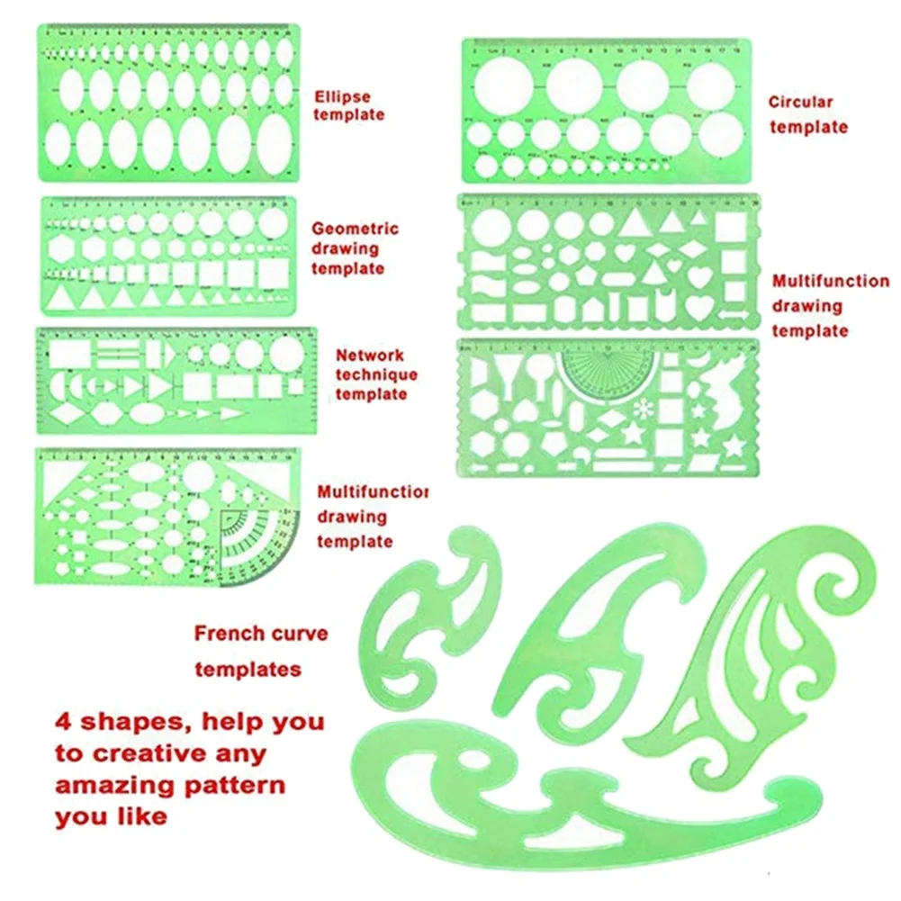 11 szt. Szablonów rysunków linijki uczą się praktycznego pomiaru wielofunkcyjnego zestawu szablonów matematycznych do geometrii