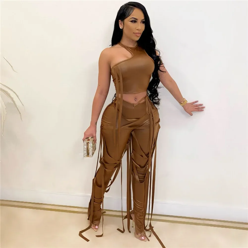 Sexy PU Faux Leather Two Piece Set for Women Matching Sets Y2K Party Club Crop Top and Ribbons Pants 2 Piece Sets Women Outfit