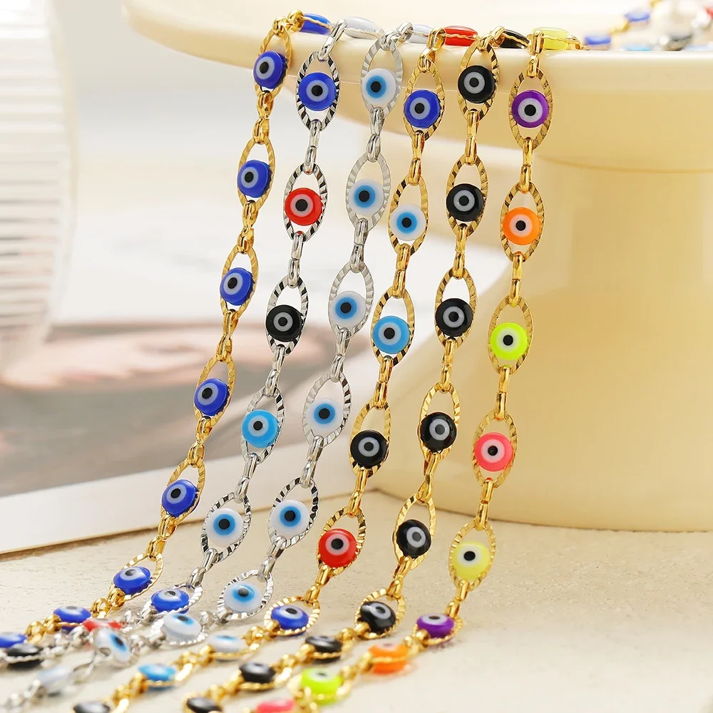 1Meter Stainless Steel Evil Eye Chains Oval Embossed Chain for DIY Necklace Anklet Sweater Beaded Chains Jewelry Making Supplies