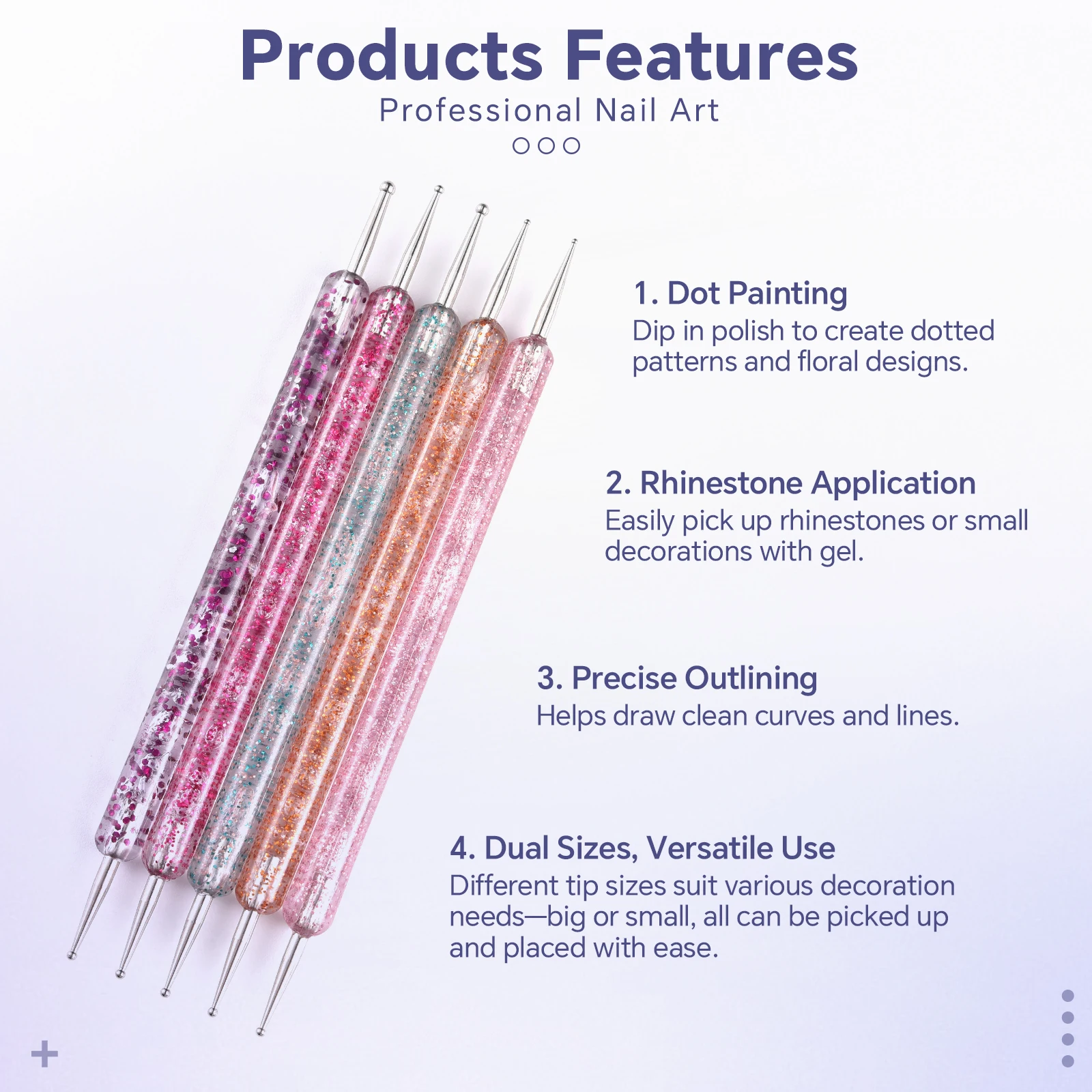 휴대용 네일 아트 도트 펜 5개/세트 크리스탈 비즈 핸들 듀얼 엔드 드로잉 페인팅 젬 펜 무지개빛 매니큐어 도구