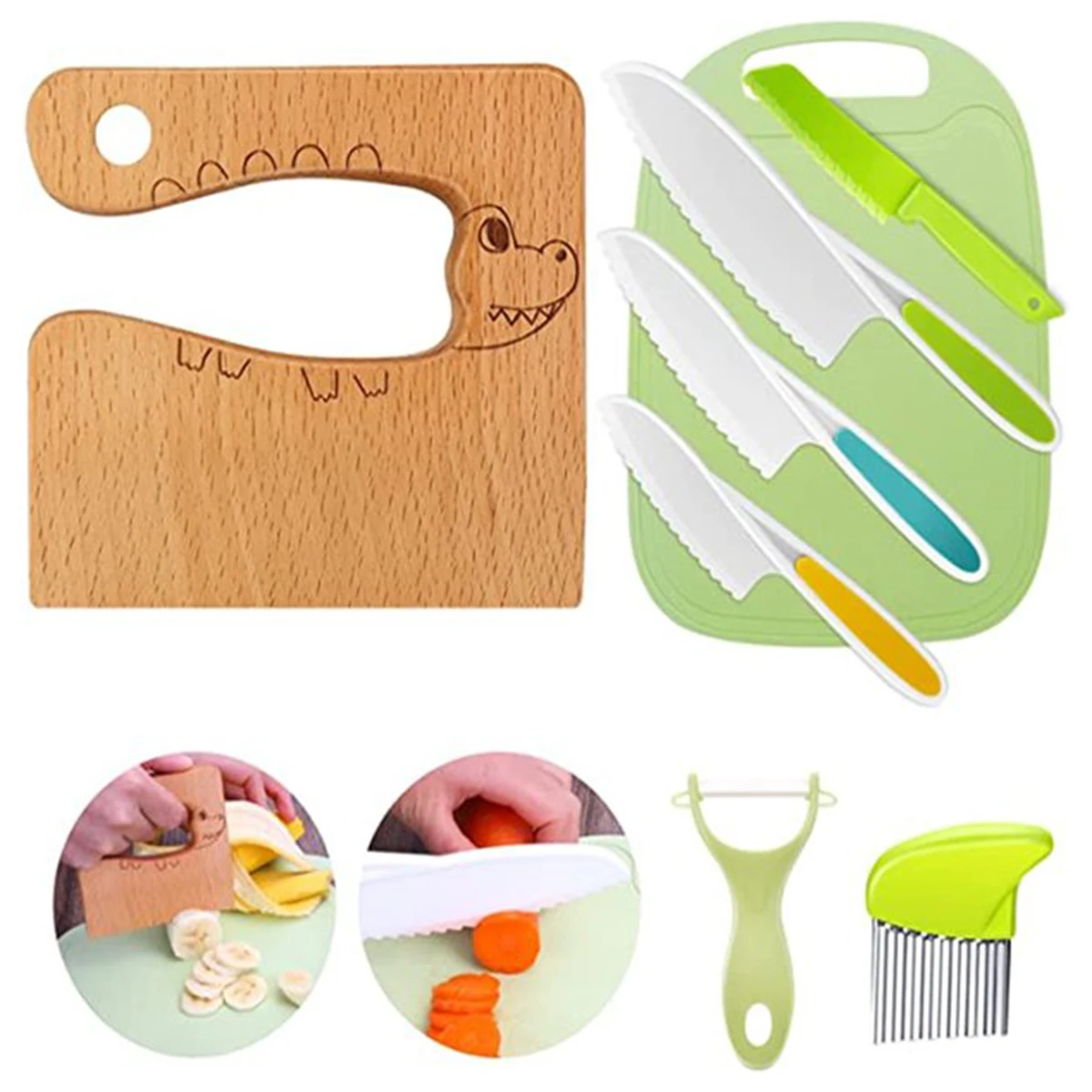 8Pcs Kids Kitchen Cutter Toy Set Kids Kitchen Pretend Play for Vegetables Fruits Safe Cutter Peeler Cutting Board for Cooking