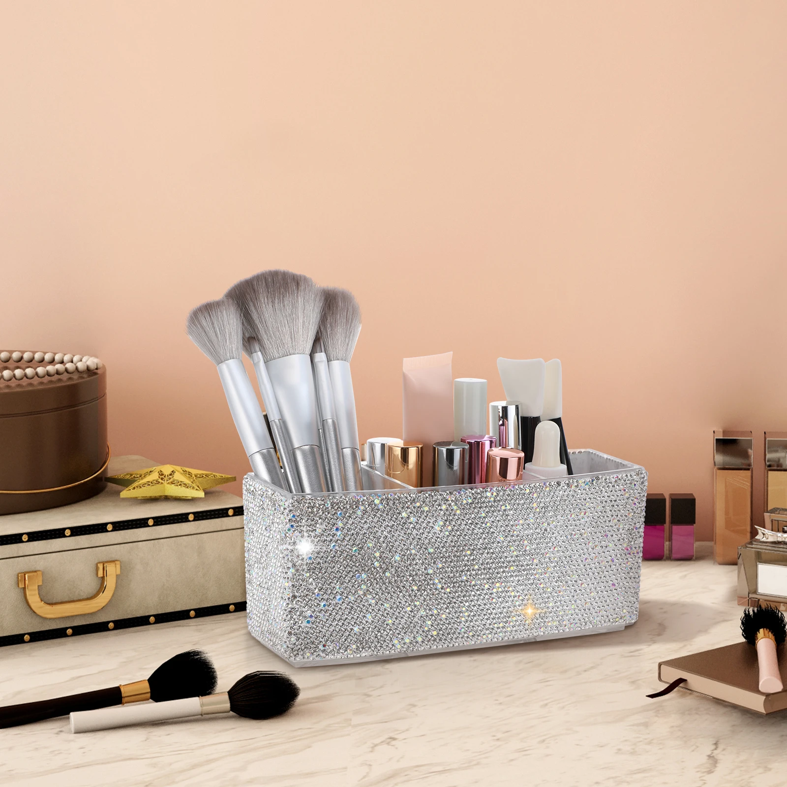 

Bling Makeup Brush Holder Multi Compartment Storage Box For Vanity Desk Organizer School Office Supplies