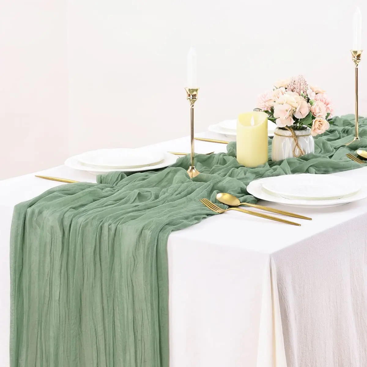 

Semi-Sheer Gauze Table Runner Sage Cheesecloth Table Setting Dining Vintage Wedding Party Christmas Banquets Arches Cake Decor