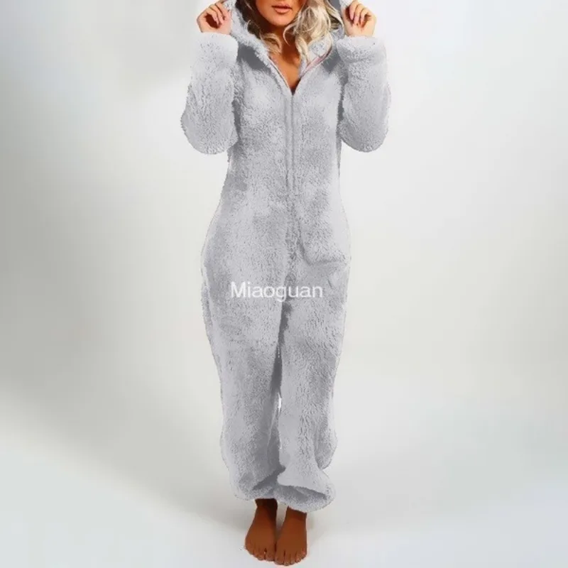 Fashion Autumn Winter New Jumpsuits with Zipper Female Sleepwear Overall  Hood Pajamas for Women\'s Warm Pyjamas Comfortable Lady