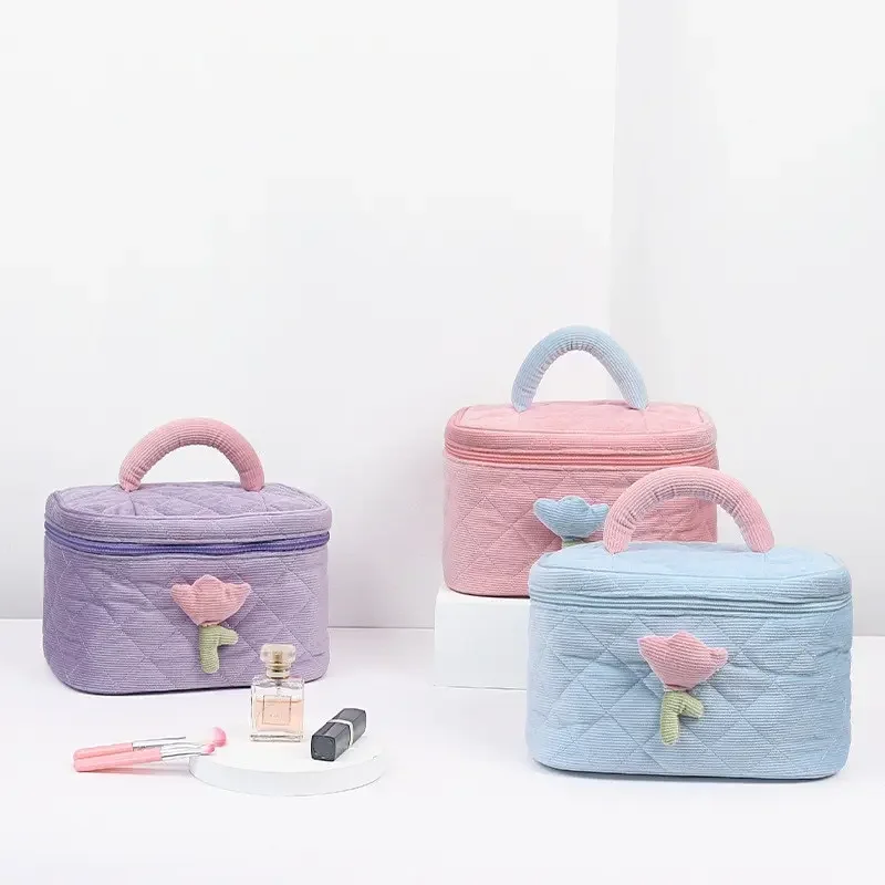 1 Set Solid Color Flower Makeup Bag Set Zipper Large Soft Corduroy Cosmetic Bag Female Travel Make Up Beauty Case Set