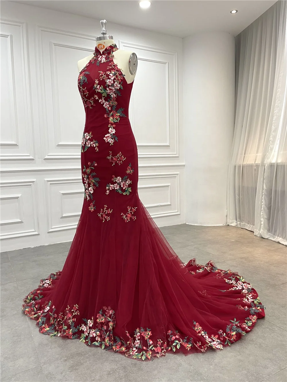 Women Mermaid Wine Red Embroidery Lace Appliques Off Shoulder Wedding Cheongsam