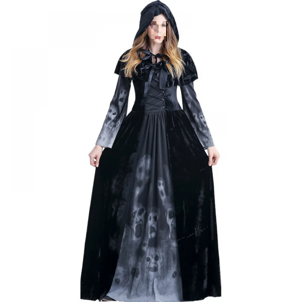 Costume de Sorcière et Vampire pour Femme, Cosplay d'Halloween, Longue Cape de Zombie, Robe Patchwork pour ixd'Halloween