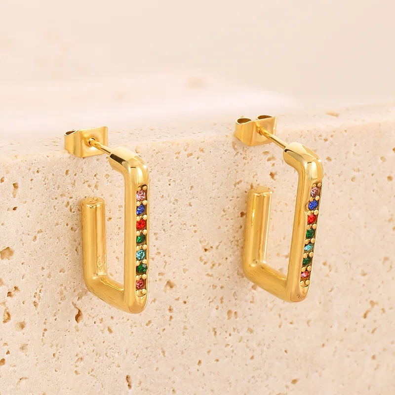 Crystal Rhinestone Stud Earrings For Women Gold Color Stainless Steel Multicolour Stone Eardrops French Light Luxury Jewelry