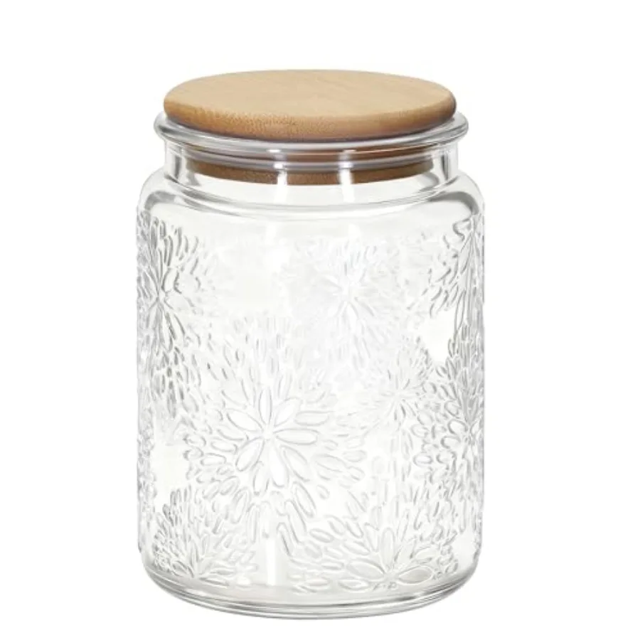 

1Pc Snowflakes Style Vintage Glass Candy Jar with Airtight Bamboo Lid, Kitchen Storage Canister for Sugar, Coffee, Tea, Cookies