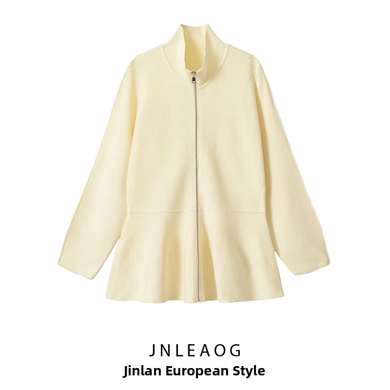 JNLEAOG Autumn New Women's Fashion Knitted Short Skirt Zipper Stand Collar Jacket Nine Points Outerwear Polyester Fiber 100%