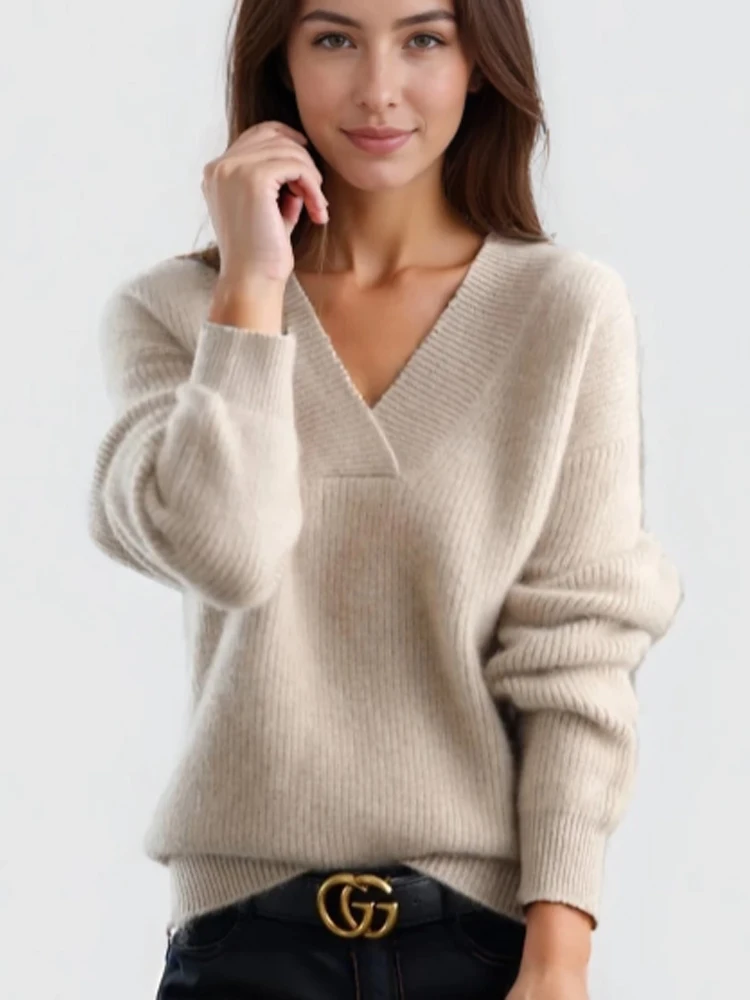 

2025 Autumn Long Sleeve Loose Knitted Top Elegant Solid Color Pullover Sweater Korean Style Casual V-neck Women Knitwear