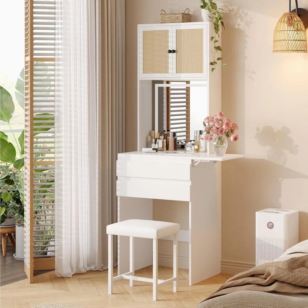 

"space-saving white makeup vanity with mirror, lights, chair, and foldable panel"
