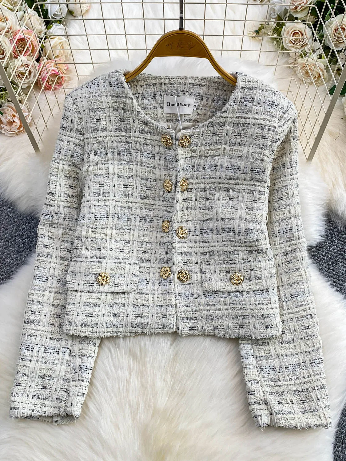 Ele round Ne Tweed Jaet Dames Herfst Winter Faion Unieke mooie metalen blauwe top Ladylike Commute Sle Loose Fit