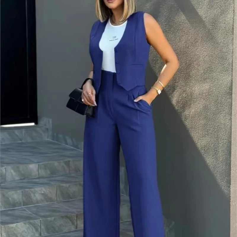 Women Suit Jacket Vest Elegant Lady Baggy Pants Set Regular Work Pants Set Sleeveless Vest High Waist Wide Leg Pants 2 Piece Set