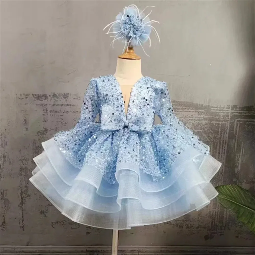 

Customized Flower Girl Wedding Dress Glitter Sequined With Bow Full Sleeves Princess Birthday Party Holy Communion Ball Gown