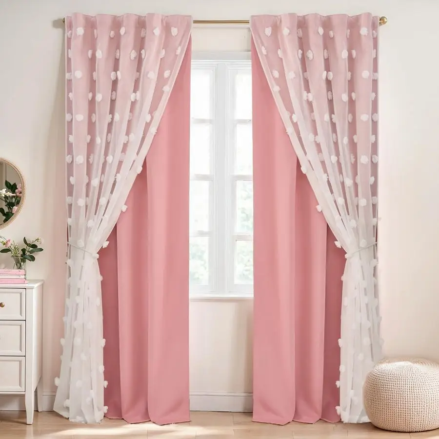 

Pink Blackout Curtains for Girls Bedroom Double Layer Cute Nursery Curtains 84 inch Length Room Darkening with Sheer White Pom P