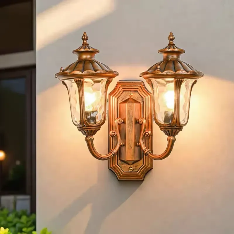 Double head square LED polycarbonate outdoor garden waterproof wall lamp European antique aluminum alloy rust-proof lamp