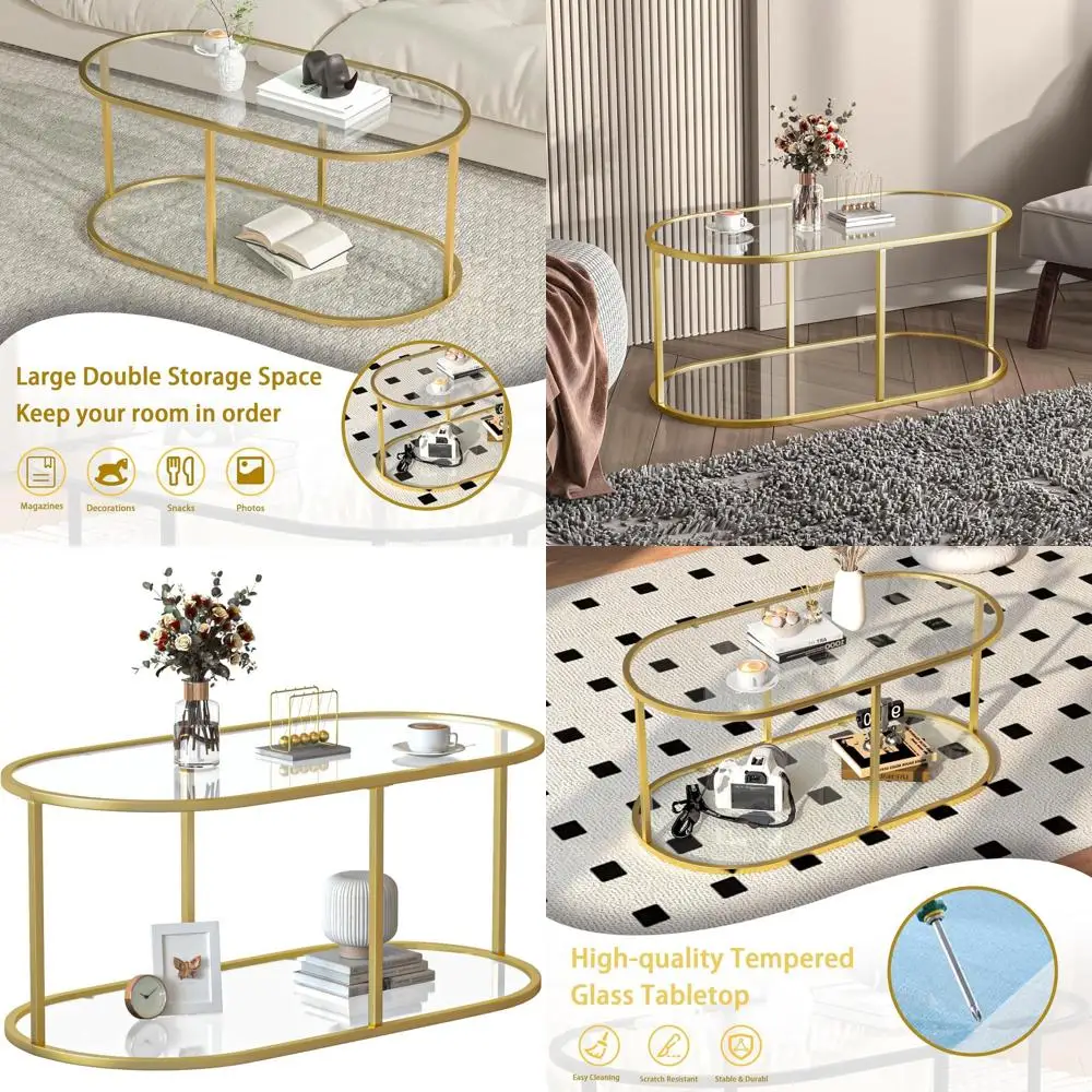 

Овальный стеклянный двухъярусный журнальный столик с металлическим каркасом для гостиной и домашнего офиса
