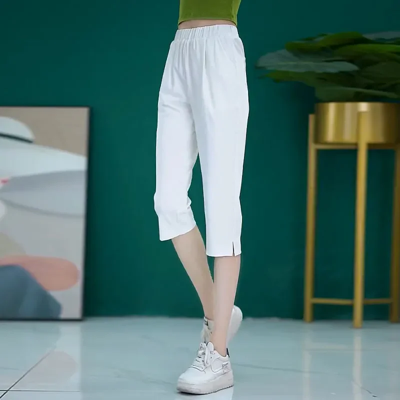 Pantalon Capri décontracté pour femmes, grande taille, blanc, Leggings d'exercices, Streetwear, pantalons de plage polyvalents, été