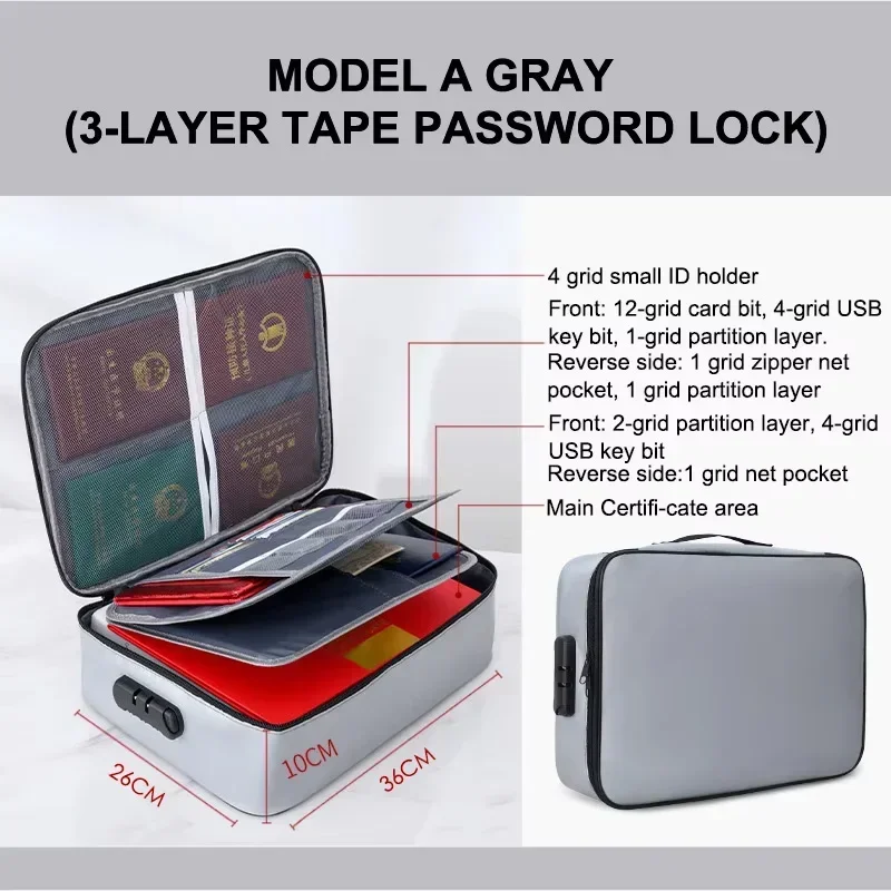 

Огнестойкая сумка для документов с паролем, водонепроницаемая дорожная сумка для документов, безопасная молния для хранения наличных документов, многослойная безопасная коробка для карт