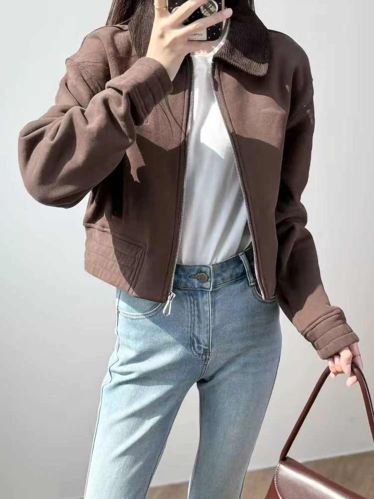 

Осень-зима 2021, новая модная коричневая куртка с воротником-поло, женская повседневная тонкая короткая куртка на молнии с длинным рукавом, женское