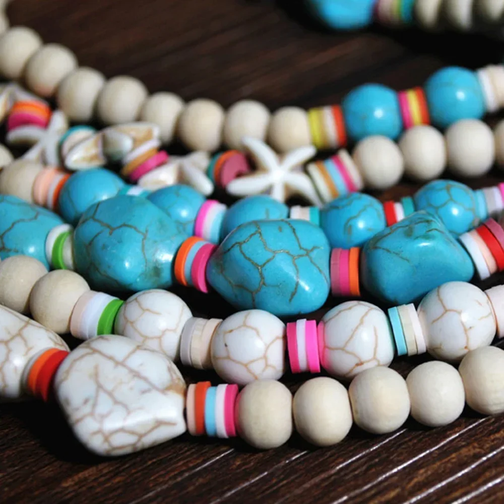 Bohemian Ethnic Handmade Summer Beach Wood Beaded Necklace Boho Colorful Tassel Long Beads Pendant Necklace for Women Vintage