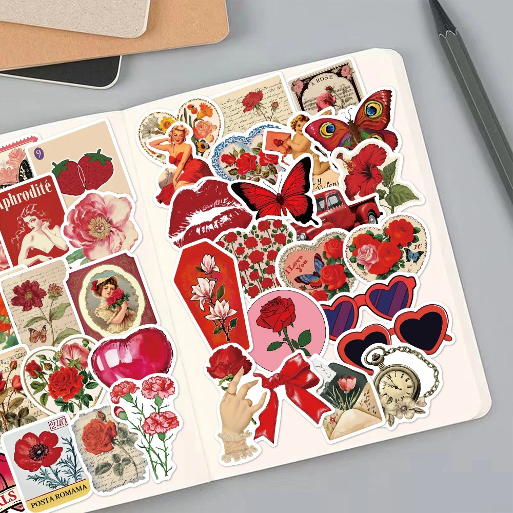 10/30/50pcs 만화 장미 꽃 스티커 레트로 레드 미적 낙서 데칼 DIY 노트북 전화 가방 스티커 장식 선물