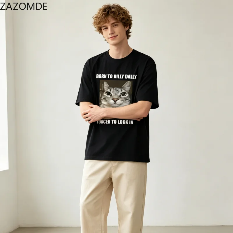 ZAZOMDE Viral Internet Humor Cat Print Tshirt Unisex Loose Streetwear Funny Relatable Meme Short Sleeve Summer Casual Cotton Top