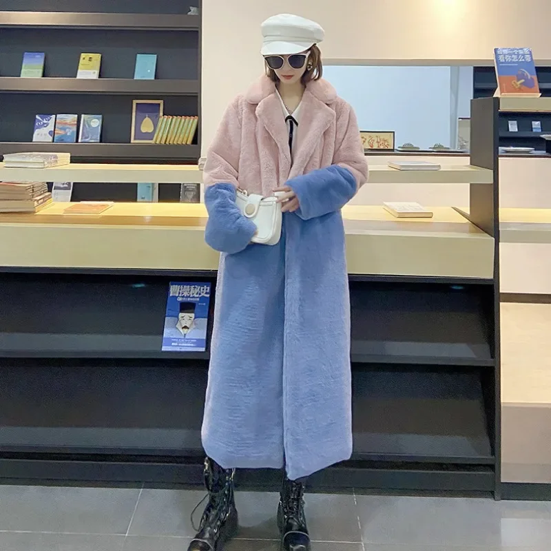 Chaqueta de piel extendida de talla grande para mujer, abrigo de piel de conejo de imitación, abrigo de piel cálido para invierno para mujer