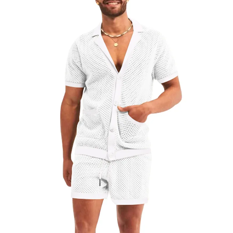 2026 Sommer Herren Ausgehöhltes Dünnes Zweiteiler-Set: Kühles, Atmungsaktives Kurzarm-Oberteil mit Passenden Shorts – Lässiges Alltagsoutfit im lockeren Schnitt – Detail 6