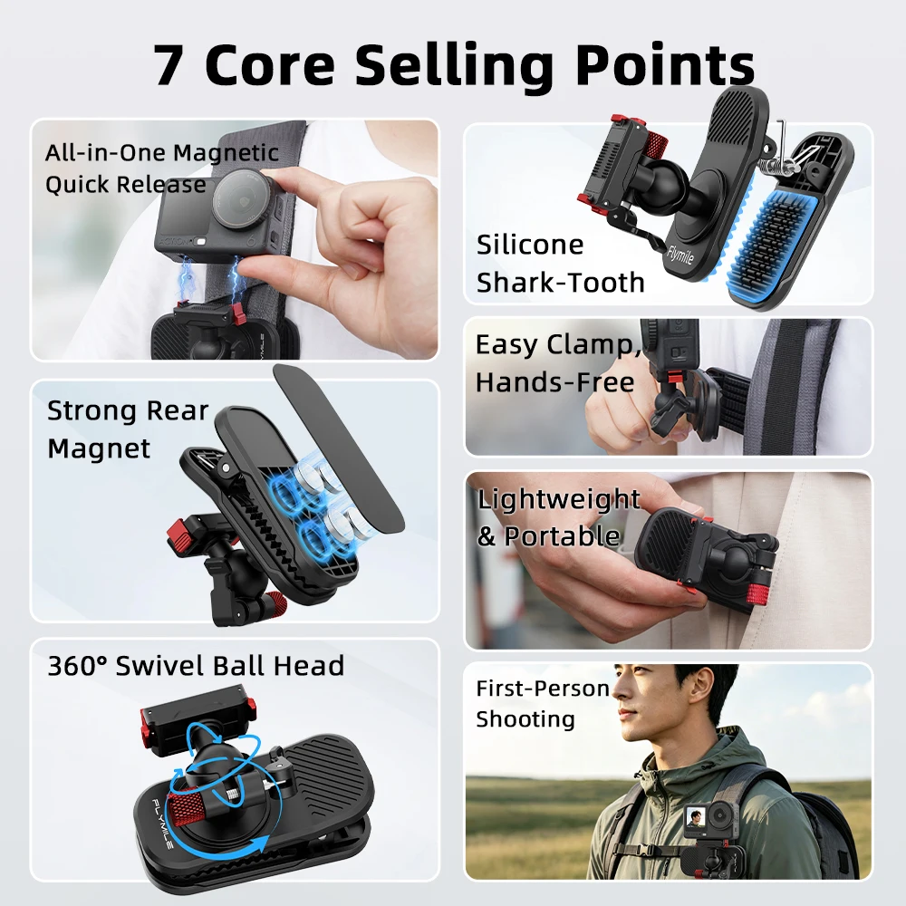 Flymile Magnetischer Rucksackclip für DJI Action-Kamera OSMO 360 Nano Zubehör mit Schnellverschluss-Halterung für Insta360 Ace Pro 2 – Detail 2