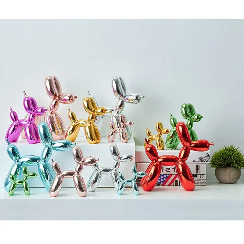 Animals Figurine Resin Cute Shiny Balloon Dog Shape Statue Art Sculpture Figurine Craftwork Home Decor with Antiskid Mat Lucky