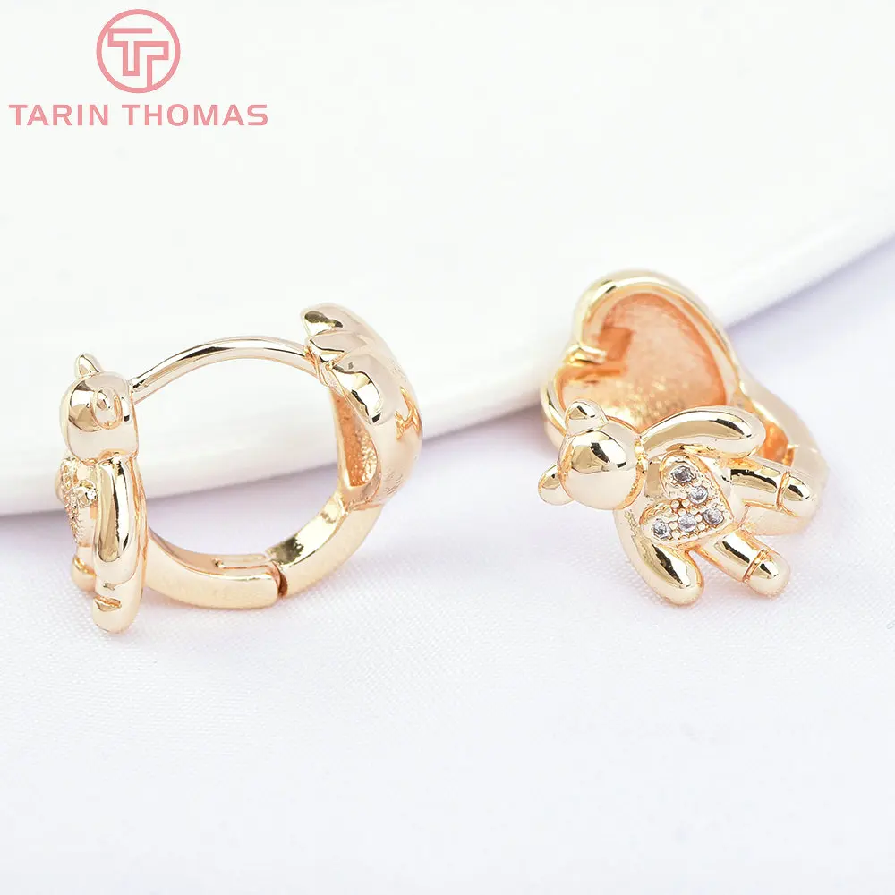 (6863) 4PCS 15x13MM 24K Gold Color Brass with Zircon Double Sided Little Bear Heart Earring Clasp DIY Jewelry Making Findings