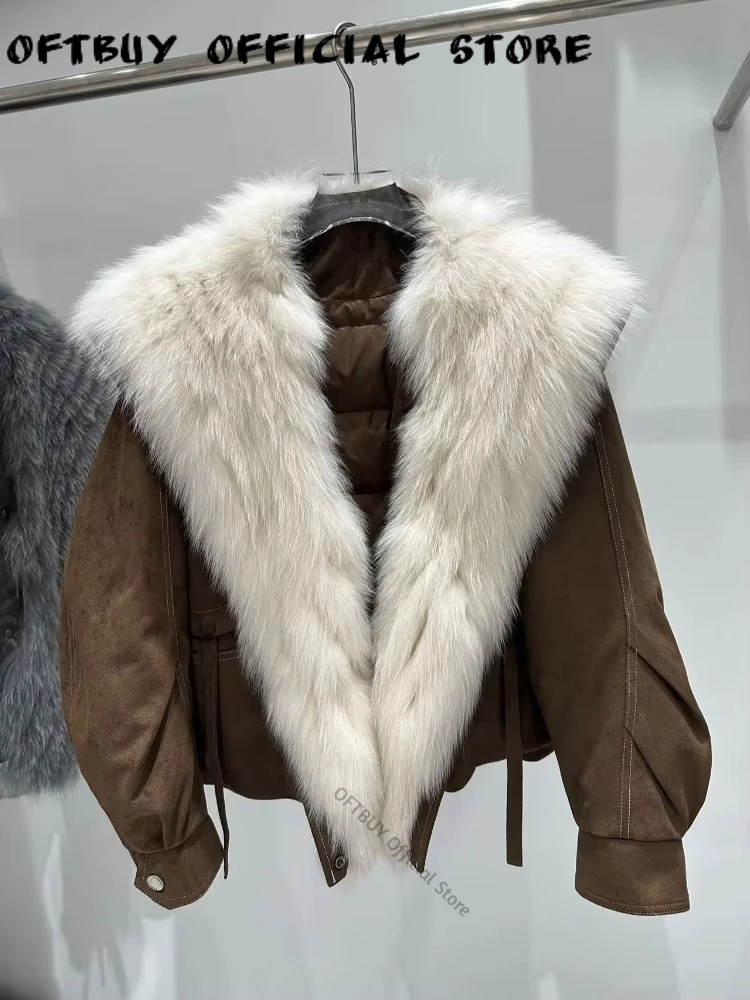 OFTBUY Women Oversized Down Jacket with Fur Collar Female Cropped Coat Voluminous Short Jacket with Fox Fur  Ultra Warm for Work