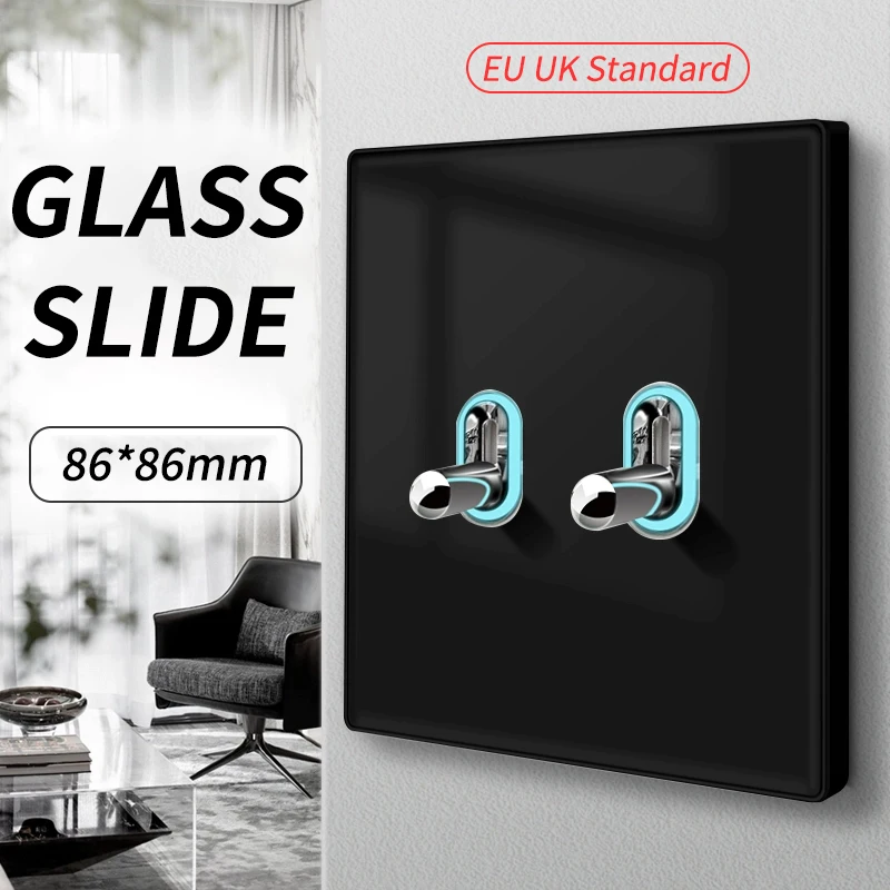 Black Glass Sliding Wall Lamp Switch Socket EU UK Standard Switch Bedroom USB Net Tel TV SAT Home Hotel Office Villa Decoration