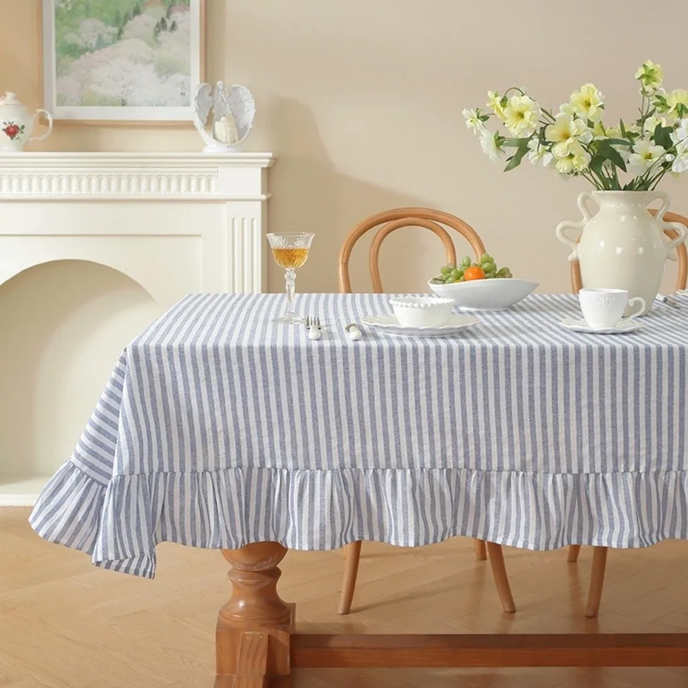 Vertical Striped Table Cover Washable Ruffle Trim Striped Ruffle Tablecloth Wrinkle-Resistant Rectangular Tablecloth