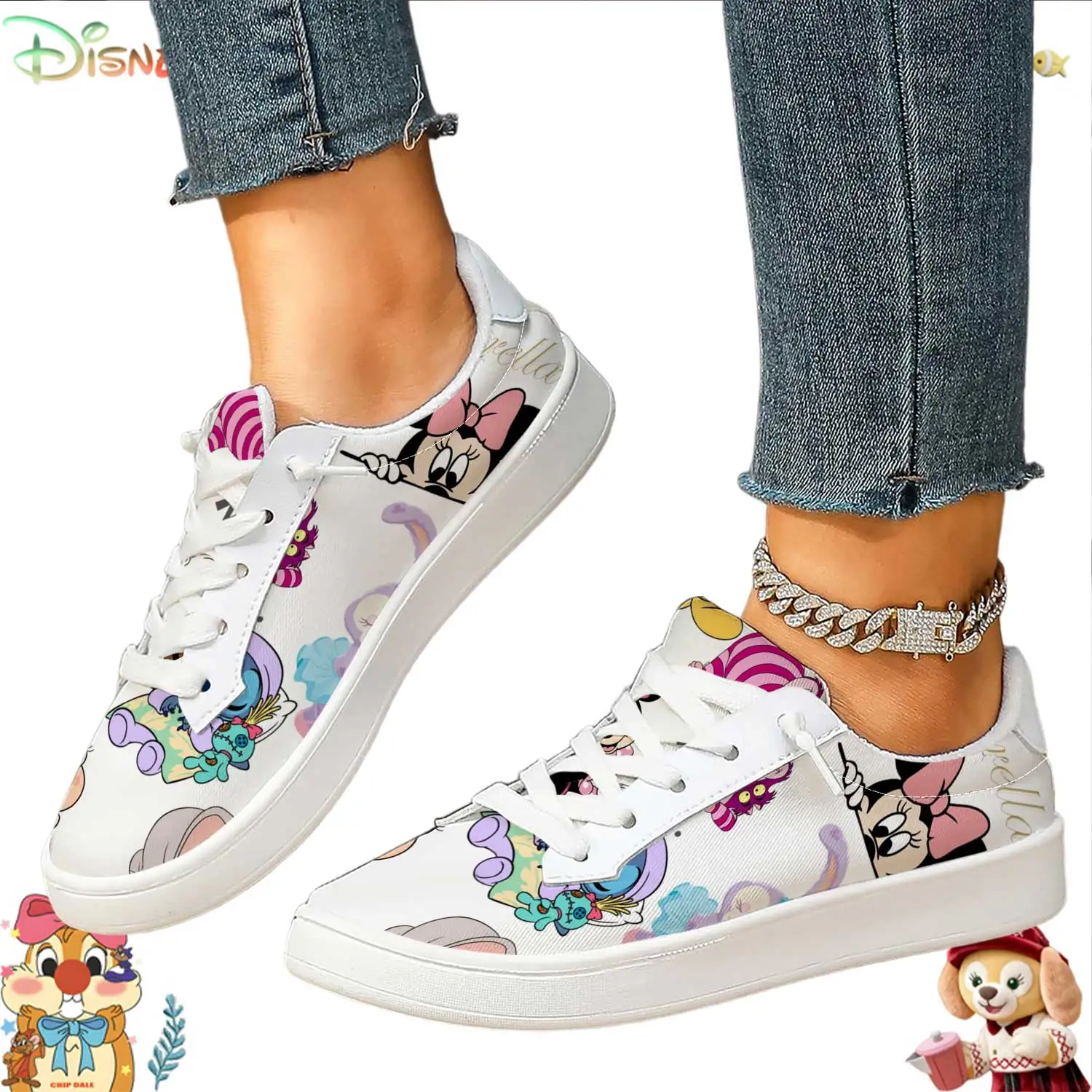 

Disney Multi-Character Print White Sneakers Women Minnie/Stitch Casual Lace-Up Shoes