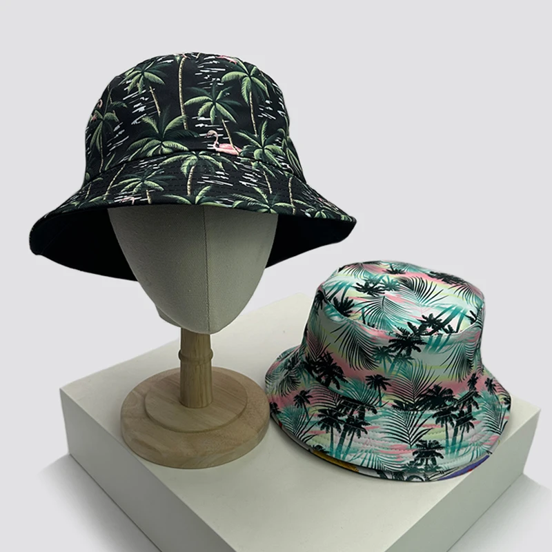 New Unisex Print Coconut Tree Flamingo Bucket Hats Sunshade Casual Versatile Travel Double Sided Wearable Fisherman Caps Fashion