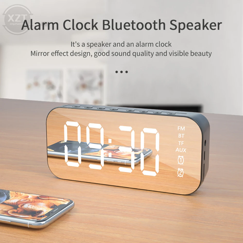 Mirror Wireless Bluetooth Speaker with FM Radio Mini Portable Card Mirror Sound Box with Alarm Clock for Mobile Phone Computer