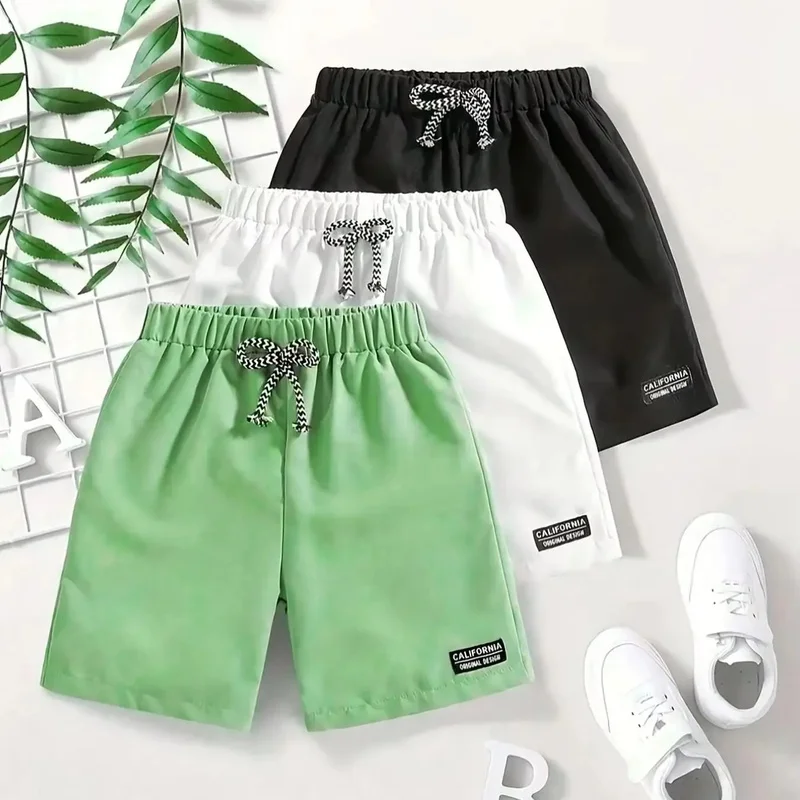 3 Boys Summer Casual Sports Stretch Shorts Solid Color Label Patch Fashion Gift Item for Kids