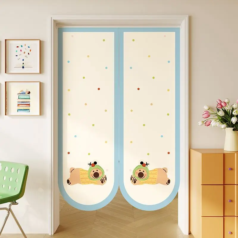 Dotted Cartoon Small Animal Door Curtain, Cute Reindeer Dog Fabric, No Punching Entrance, Bedroom Privacy Partition Curtain