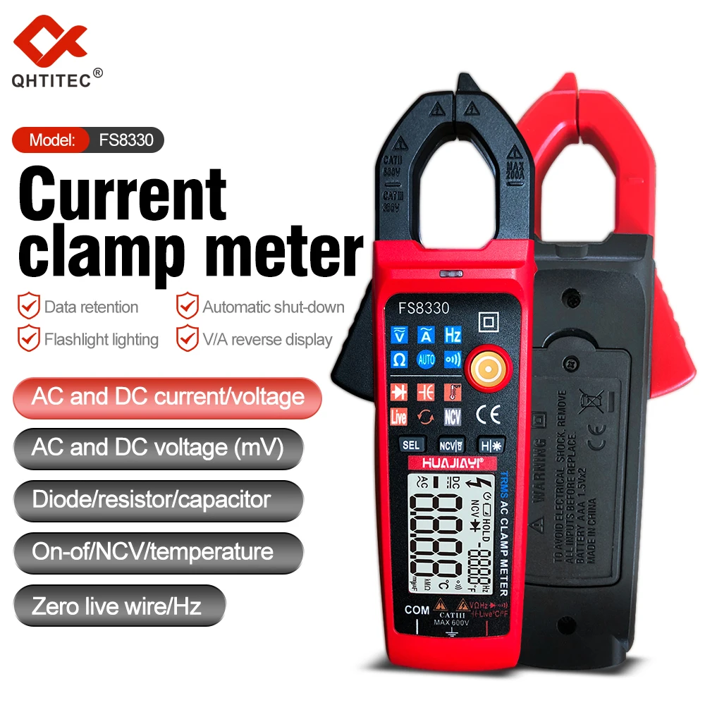 

QHTITEC Digital Clamp Meters FS8330 AC Current Ammeter DC Voltage Amperimetric Tester Capacitance Diode NCV Auto Range Ture Rms