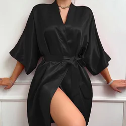 Femlae Black Satin Robe Kimono Bathrobe Gown Sleepwear Loose Loungewear Home Dressing Gown Spring Summer Underwear Lingerie